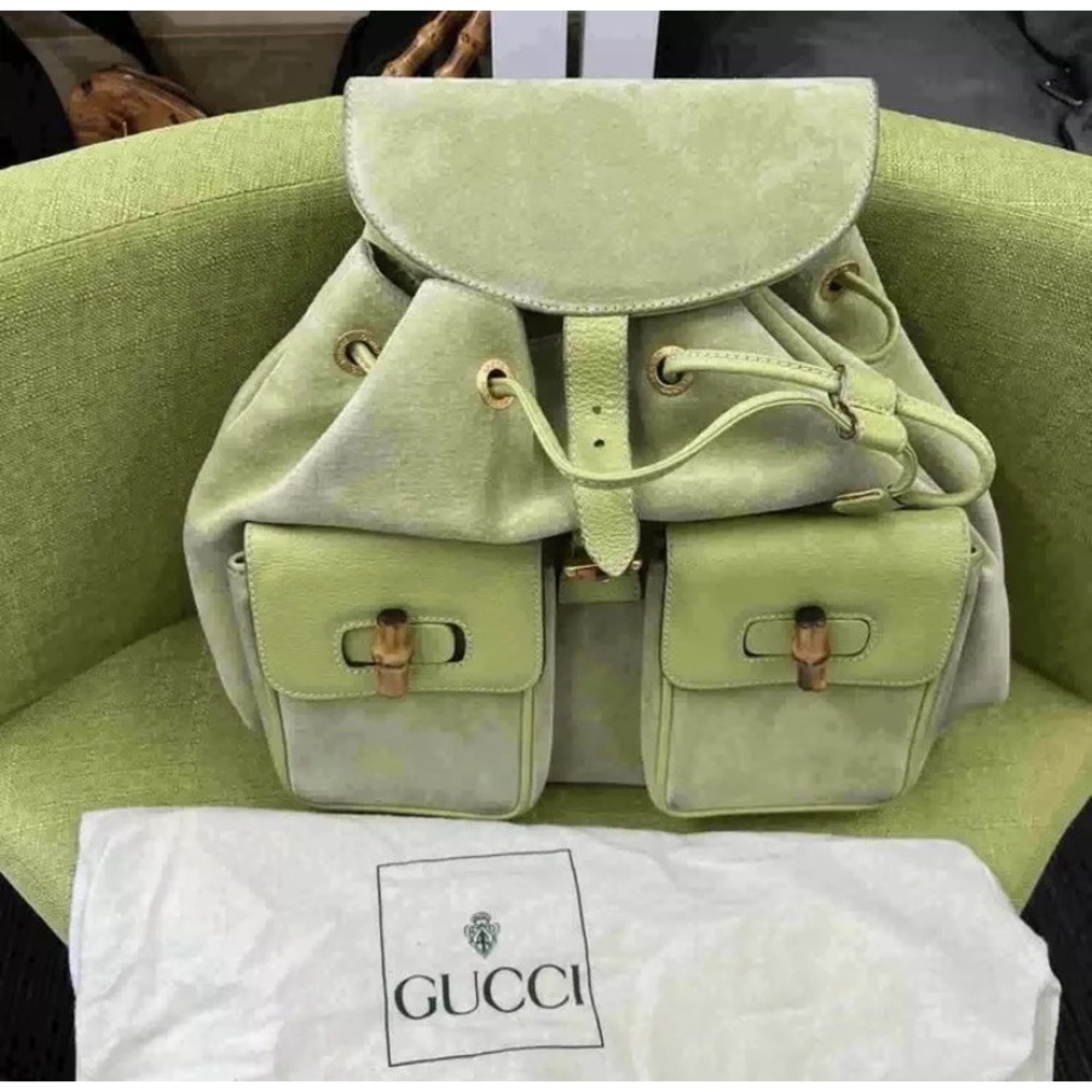 Gucci Vintage Bamboo Handle Suede Backpack.. Made In Italy